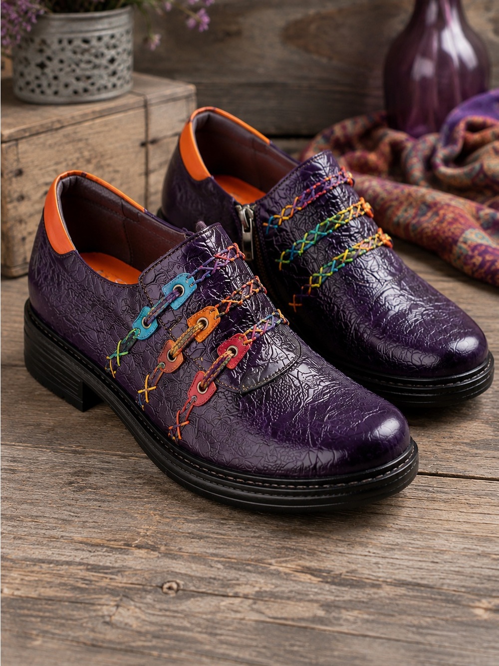 NEW SOFFIA Leather Vintage Style Embossed Rainbow Stitch Chunky Oxfords Sz: 10.5